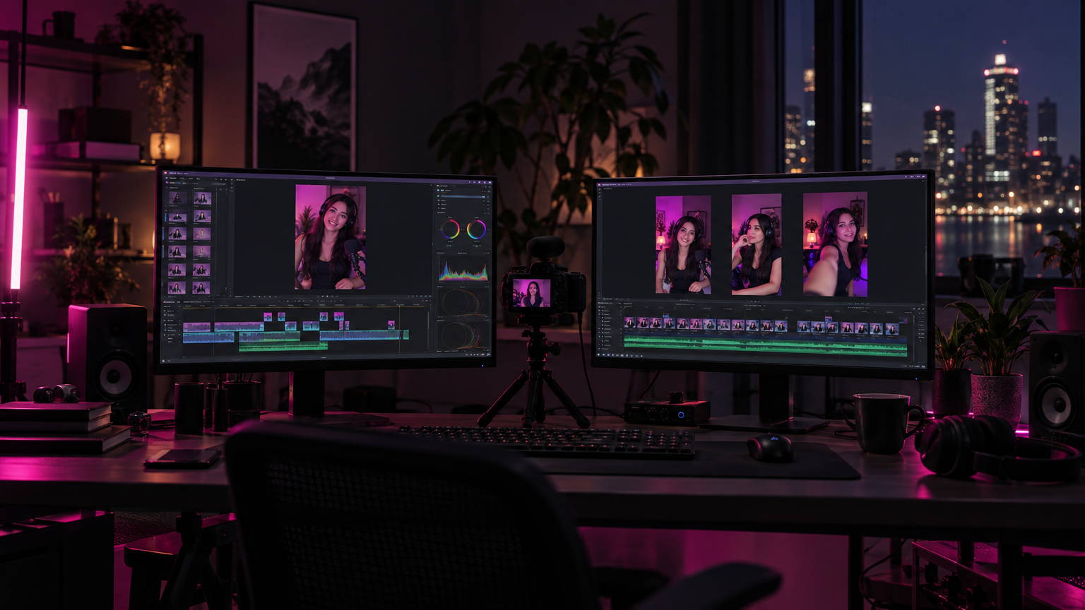 Editing studio with vertical social clips on dual monitors